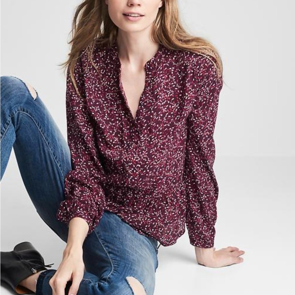 GAP Burgundy Printed Split-Neck Blouse